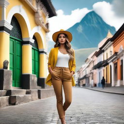 A Colombian girl in a stylish travel outfit, posing confidently in a scenic travel destination