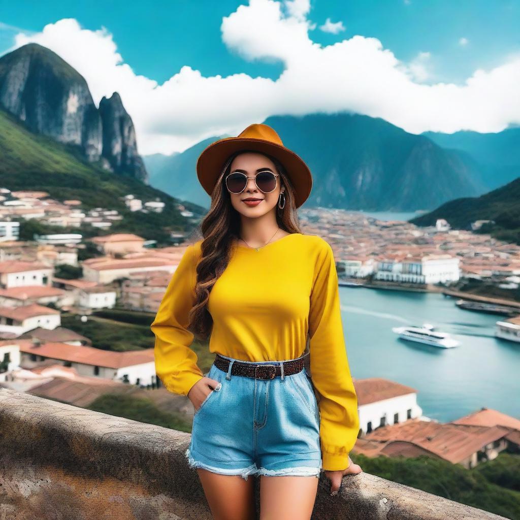 A Colombian girl in a stylish travel outfit, posing confidently in a scenic travel destination