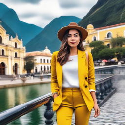 A Colombian girl in a stylish travel outfit, posing confidently in a scenic travel destination