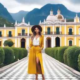 A Colombian girl in a stylish travel outfit, posing confidently in a scenic travel destination