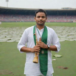 Amplify the cultural portrayal of the Bangladeshi man. Make him carry a flute, intensify the traditional designs on his attire, add the national flower White Water Lily beside him and show the Sher-e-Bangla National Cricket Stadium in the far background.