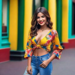 A beautiful Colombian girl posing confidently in a fashionable outfit