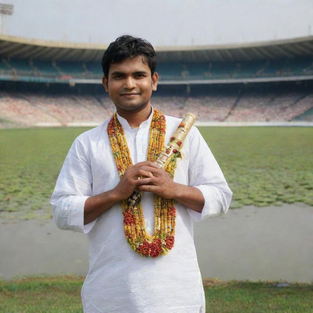 Amplify the cultural portrayal of the Bangladeshi man. Make him carry a flute, intensify the traditional designs on his attire, add the national flower White Water Lily beside him and show the Sher-e-Bangla National Cricket Stadium in the far background.