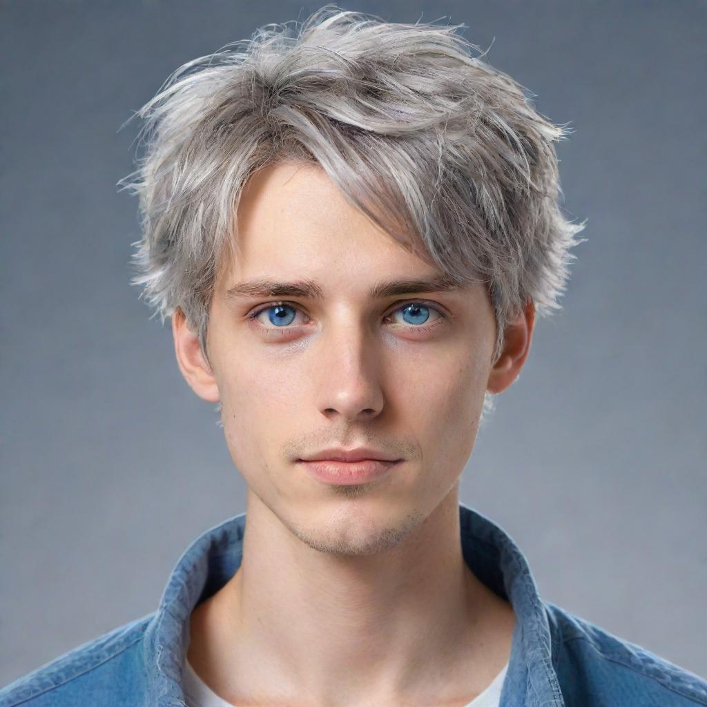 Anime style portrait of a tall and handsome young man with short, messy, gray hair, blue eyes, and a casual style of clothing.