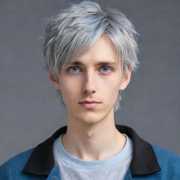 Anime style portrait of a tall and handsome young man with short, messy, gray hair, blue eyes, and a casual style of clothing.