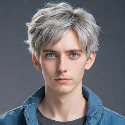 Anime style portrait of a tall and handsome young man with short, messy, gray hair, blue eyes, and a casual style of clothing.