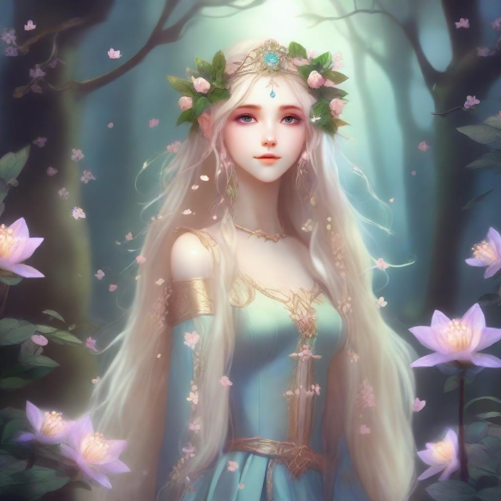 A beautiful elf druid princess with long blonde hair, dressed in fairycore attire