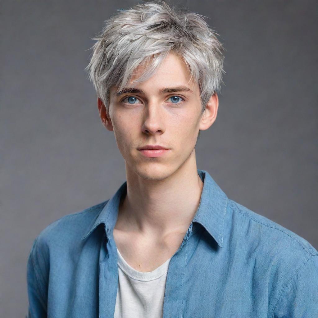 Anime style portrait of a tall and handsome young man with short, messy, gray hair, blue eyes, and a casual style of clothing.