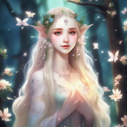 A beautiful elf druid princess with long blonde hair, dressed in fairycore attire