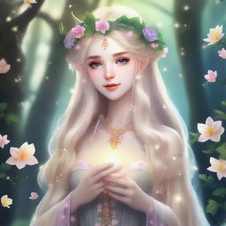 A beautiful elf druid princess with long blonde hair, dressed in fairycore attire