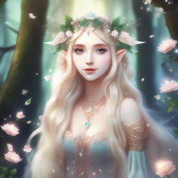 A beautiful elf druid princess with long blonde hair, dressed in fairycore attire