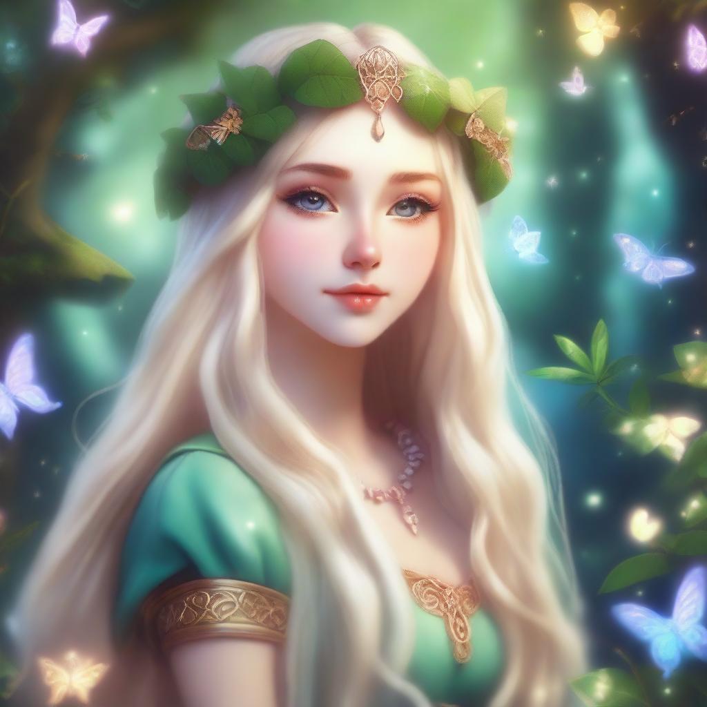 A druid princess elf with long blonde hair, dressed in fairycore style