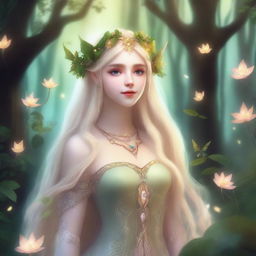 A druid princess elf with long blonde hair, dressed in fairycore style