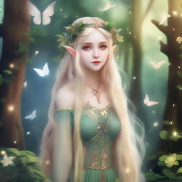 A druid princess elf with long blonde hair, dressed in fairycore style