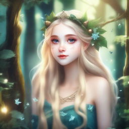 A druid princess elf with long blonde hair, dressed in fairycore style