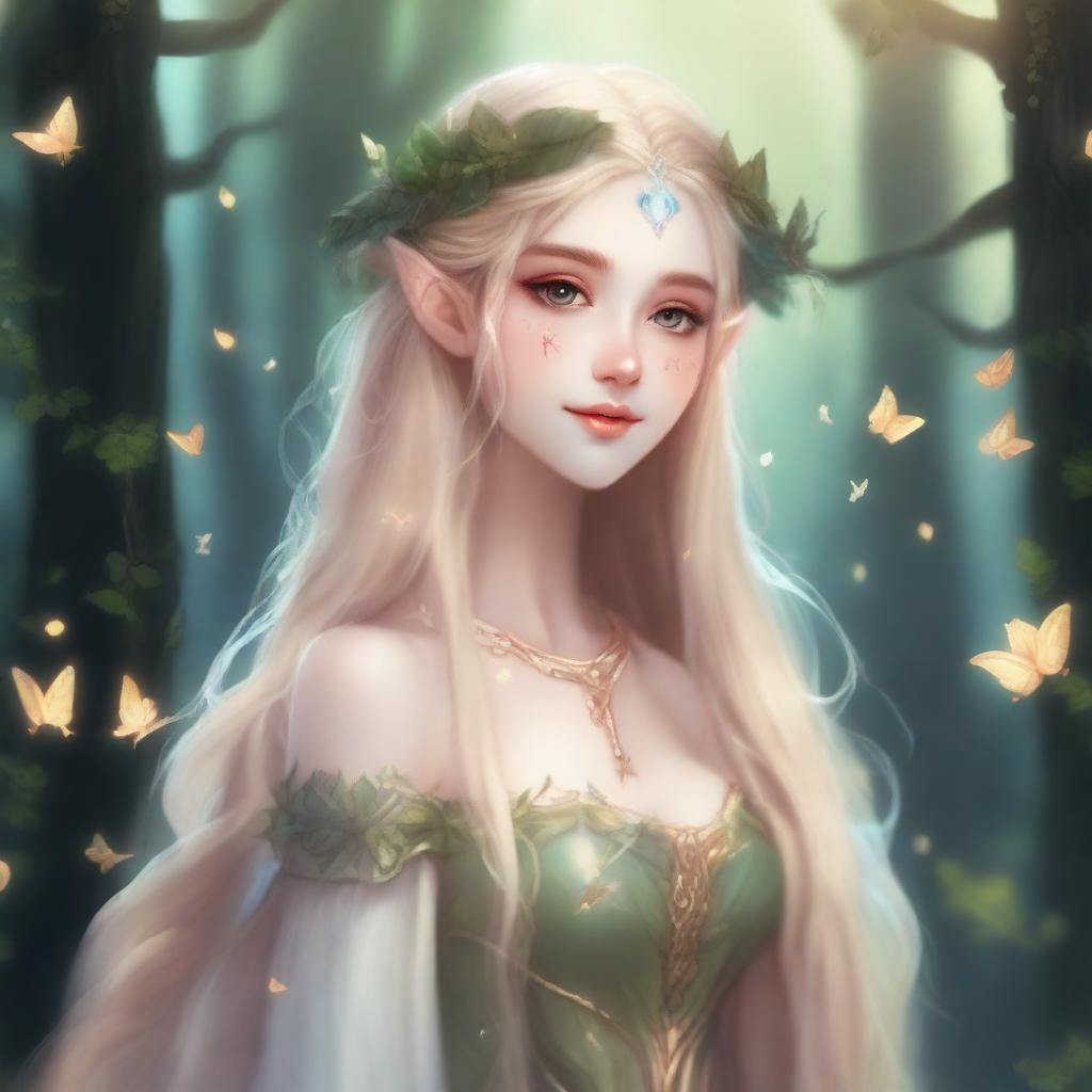 A druid elf princess with long blonde hair, embodying the fairycore aesthetic