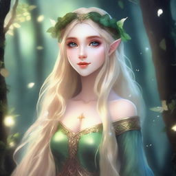 A druid elf princess with long blonde hair, embodying the fairycore aesthetic