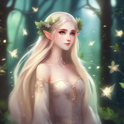 A druid elf princess with long blonde hair, embodying the fairycore aesthetic