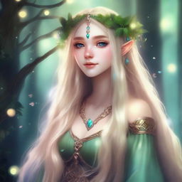 A druid elf princess with long blonde hair, embodying the fairycore aesthetic