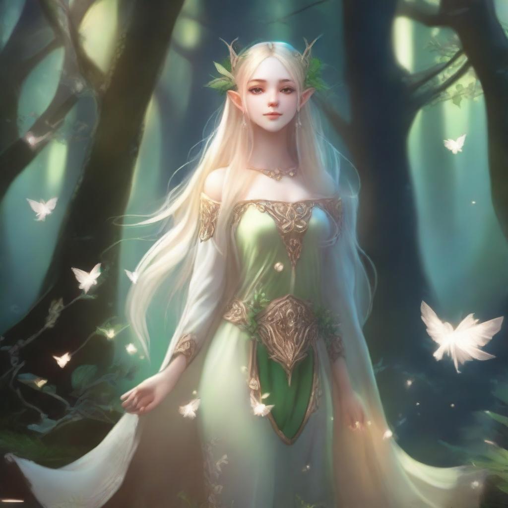 A full-body image of a druid elf princess with long blonde hair, embodying the fairycore aesthetic