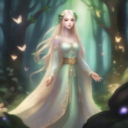 A full-body image of a druid elf princess with long blonde hair, embodying the fairycore aesthetic