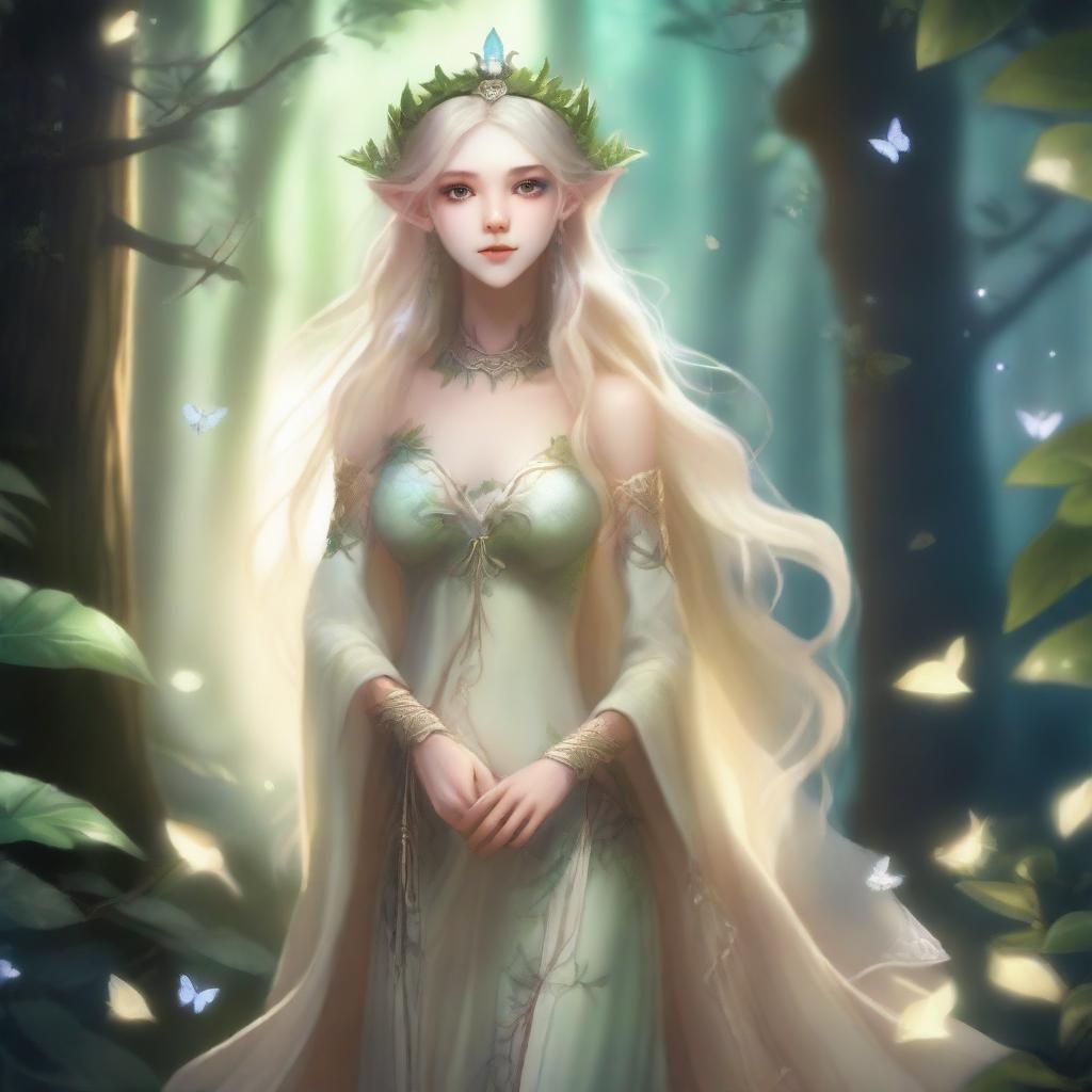 A full-body image of a druid elf princess with long blonde hair, embodying the fairycore aesthetic