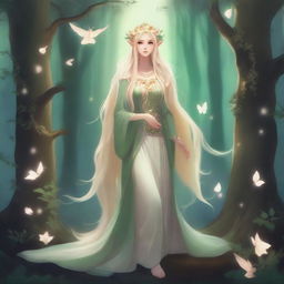 A full-body image of a druid elf princess with long blonde hair, embodying the fairycore aesthetic