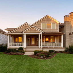 Beautiful suburban house bathed in the warm glow of the setting sun, with perfectly manicured front lawn and a cozy front porch.