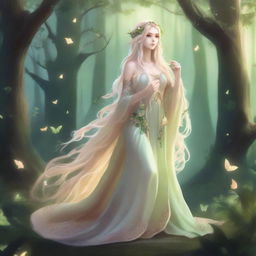 A full-body image of a druid elf princess with long wavy blonde hair, embodying the fairycore aesthetic