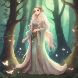 A full-body image of a druid elf princess with long wavy blonde hair, embodying the fairycore aesthetic