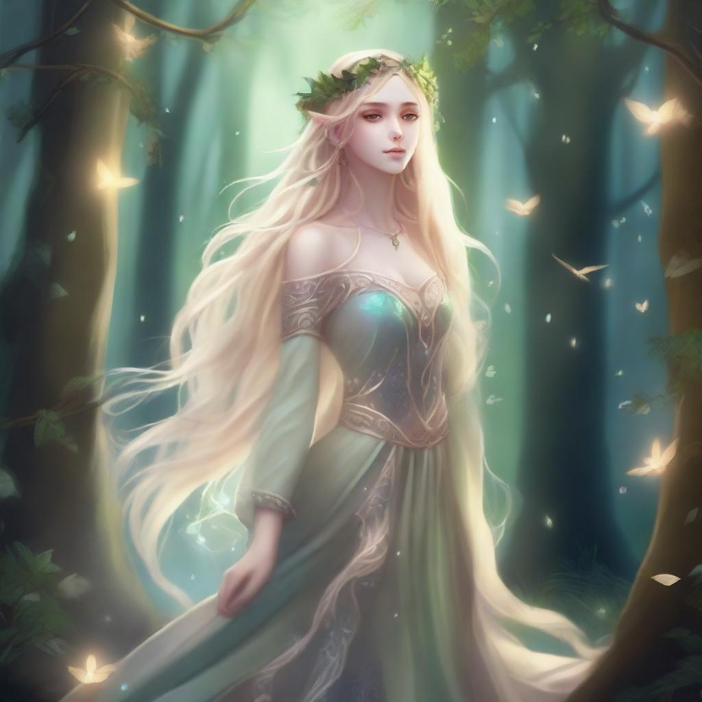 A full-body image of a druid elf princess with long wavy blonde hair, embodying the fairycore aesthetic