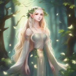 A full-body image of a druid elf princess with long wavy blonde hair, embodying the fairycore aesthetic