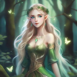 A full-body image of a druid elf princess with long wavy blonde hair and green bluish eyes, embodying the fairycore aesthetic