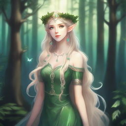 A full-body image of a druid elf princess with long wavy blonde hair and green bluish eyes, embodying the fairycore aesthetic