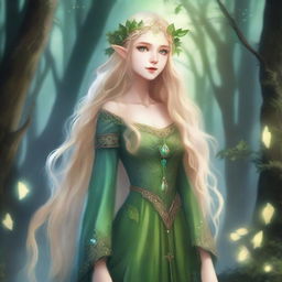 A full-body image of a druid elf princess with long wavy blonde hair and green bluish eyes, embodying the fairycore aesthetic