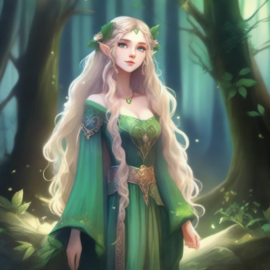 A full-body image of a druid elf princess with long wavy blonde hair and green bluish eyes, embodying the fairycore aesthetic