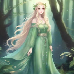 A full-body image of a druid elf princess with long wavy blonde hair and green bluish eyes, embodying the fairycore aesthetic