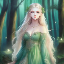 A full-body image of a druid elf princess with long wavy blonde hair and green bluish eyes, embodying the fairycore aesthetic