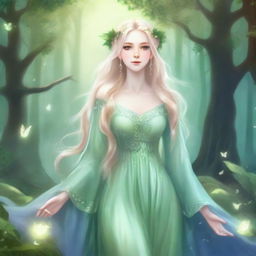 A full-body image of a druid elf princess with long wavy blonde hair and green bluish eyes, embodying the fairycore aesthetic