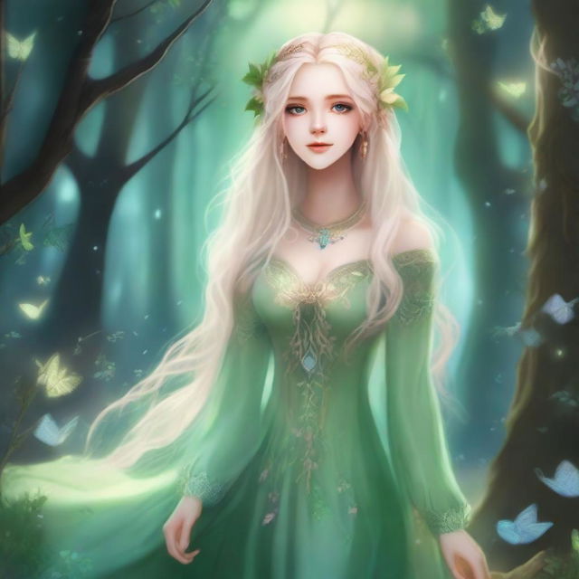 A full-body image of a druid elf princess with long wavy blonde hair and green bluish eyes, embodying the fairycore aesthetic