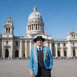 A man named Kevin Garcia, wearing traditional Argentinian attire, standing in front of iconic Argentinian landmarks.