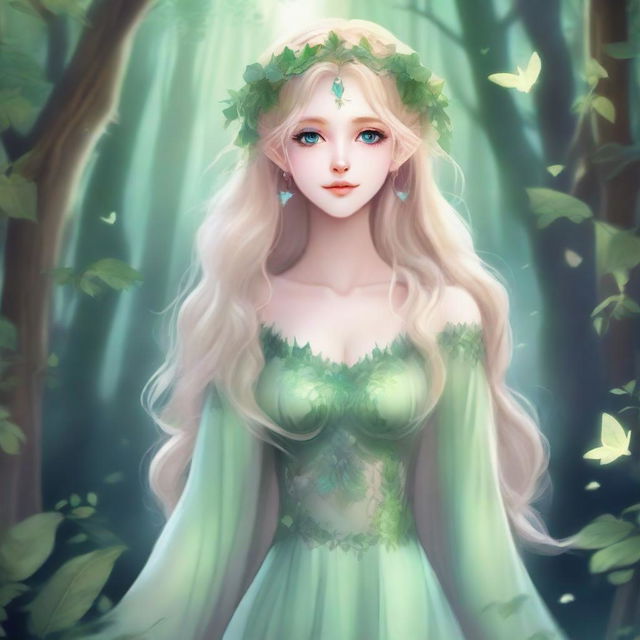 A full-body image of a druid elf princess with long wavy blonde hair and green bluish eyes, embodying the fairycore aesthetic