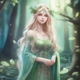 A full-body image of a druid elf princess with long wavy blonde hair and green bluish eyes, embodying the fairycore aesthetic