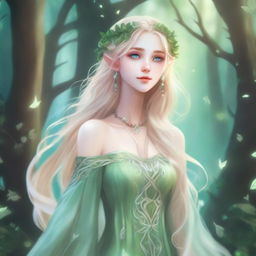 A full-body image of a druid elf princess with long wavy blonde hair and green bluish eyes, embodying the fairycore aesthetic