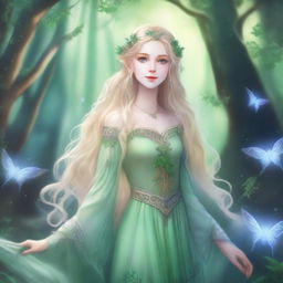 A full-body image of a druid elf princess with long wavy blonde hair and green bluish eyes, embodying the fairycore aesthetic