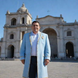 A man named Kevin Garcia, wearing traditional Argentinian attire, standing in front of iconic Argentinian landmarks.