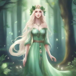 A full-body image of a druid elf princess with long wavy blonde hair and green bluish eyes, embodying the fairycore aesthetic