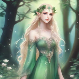 A full-body image of a druid elf princess with long wavy blonde hair and green bluish eyes, embodying the fairycore aesthetic