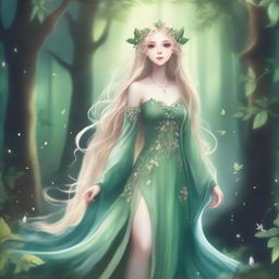 A full-body image of a druid elf princess with long wavy blonde hair and green bluish eyes, embodying the fairycore aesthetic