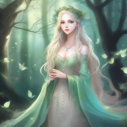 A full-body image of a druid elf princess with long wavy blonde hair and green bluish eyes, embodying the fairycore aesthetic